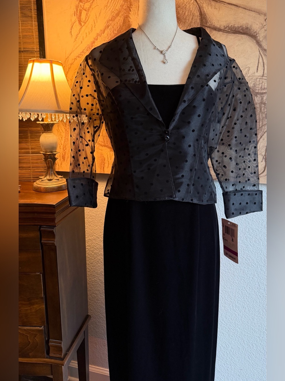 NWT R&M Richards Size 8 Black Velvet Maxi Dress Sheer Polka Dot Jacket 2 Piece